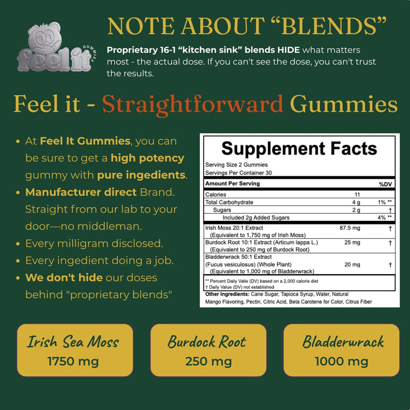 High Potency Irish Sea Moss Gummies – 1750mg Raw Wildcrafted Irish Sea Moss with Bladderwrack & Burdock Root – Thyroid, Immune, Detox & Energy – Manufacturer Direct - Made in USA - 60 Gummies