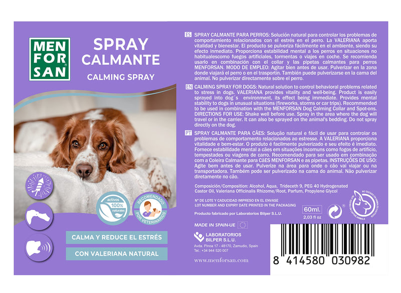 MENFORSAN Calming Spray for Dogs | With Natural Valerian | Calm and Reduce Stress | Immediate Effect | 60ml