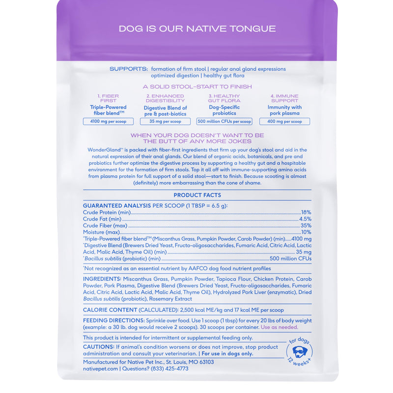 Native Pet WonderGland - Dog Anal Gland Treatment Using Fiber for Dogs - Prevent Scooting for Dogs Anal Gland Supplement Including Dog Gut Health Probiotics for Anal Gland Support - 30 Scoops - BeesActive Australia
