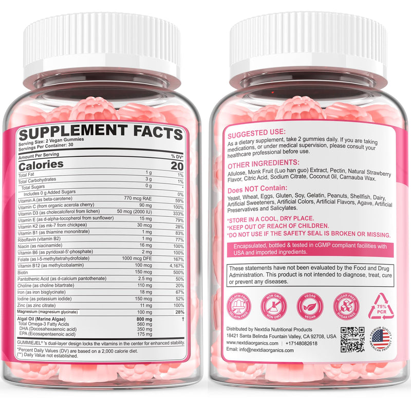 Prenatal Vitamins for Women Gummies w/ Methylfolate 1mg, Omega 3 DHA 800mg | Iron, Choline, Iodine, Vitamin D3 B6 B12 - Multivitamin for Women Before, During & After Pregnancy, Sugar Free, Vegan, 120Cts 60 Count (Pack of 2)
