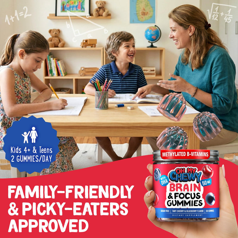 Center-Filled Brain and Focus Gummies For Kids & Teens DHA Complex Support | Memory and Cognition Supplements with DHA, Methylated B Vitamins, Folate, Zinc