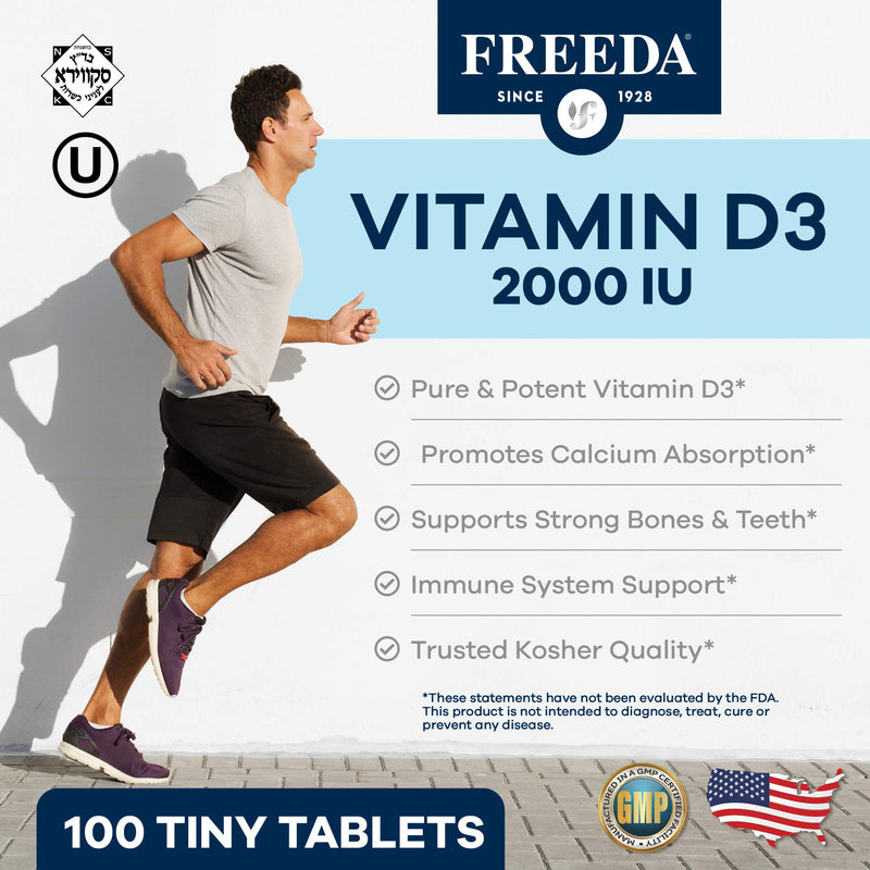 FREEDA Vitamin D3-2000 IU – High-Potency Vitamin D for Bone Strength & Immune Support – Easy-to-Swallow Tablets – 100 Tiny Tablets | Supports Bone Strength & Immune Health - Easy-To-Swallow and High-Potency 2000 IU Vitamin D3 Tablets