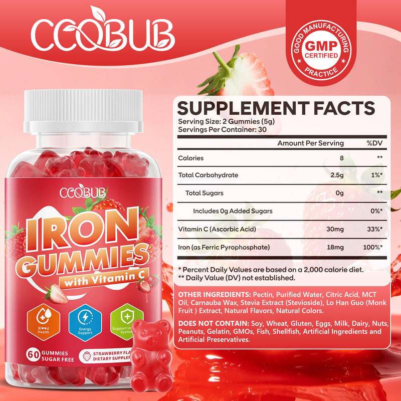 Iron Gummies with Vitamin C, Iron Supplement for Women & Men, 120 Count | Immune Support, Blood Builder & Energy Support for Iron Deficiency, Sugar Free, Vegan, Strawberry Flavor