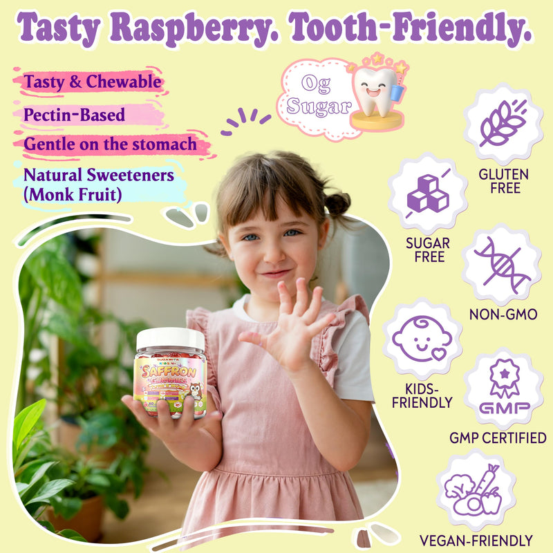 Saffron Gummies Kids Teen 14in1 30mg Saffron Extract No Sugar 60ct | Organic Saffron, Magnesium Glycinate, PS, L-Theanine, Chamomile, Vitamins B6 & B12, No Sugar, for Kids & Teens 4+