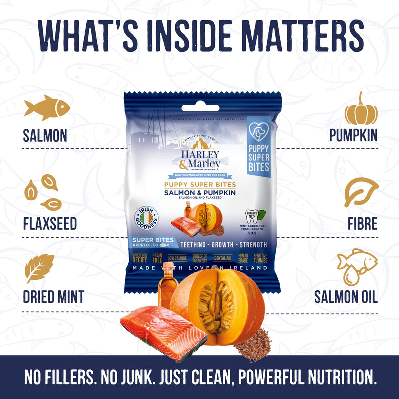 Harley & Marley Puppy Super Bites - Soft Puppy Teething Treats with Salmon, Pumpkin, Flaxseed & Salmon Oil - Natural Treats for Growth, Digestion & Healthy Teeth & Gums - 4pk (50/pk) 1 count (Pack of 4)