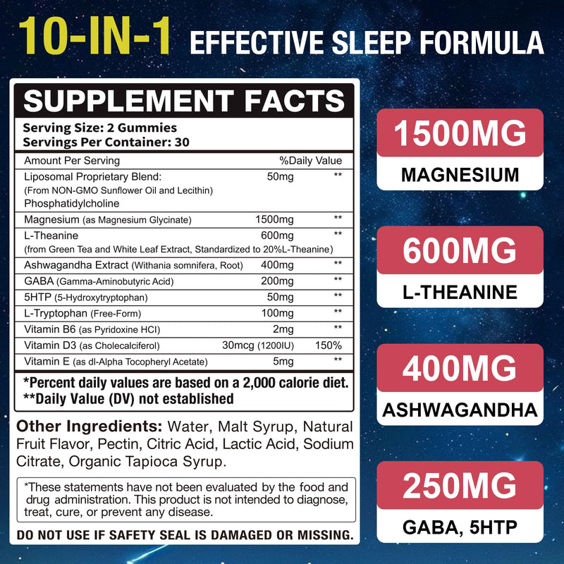 Liposomal Magnesium Glycinate 1500mg L-Theanine 600mg Gummies with Ashwagandha, GABA, 5HTP, Vitamin B6 & D3, Lemon Balm Leaf, L theanine Supplement Magnesium Gummies for Relax Mood & Muscle, 2 Pack 60 Count (Pack of 2)
