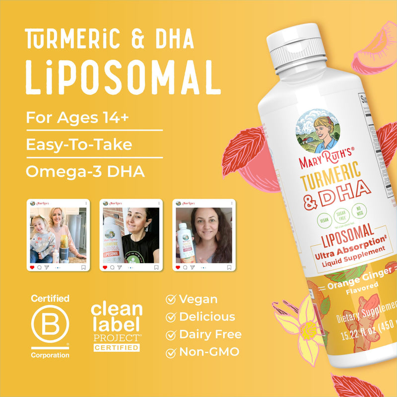 MaryRuth's Turmeric & DHA Liposomal Liquid, Ultra Absorption, 15.22 oz | Enhanced Absorption, Turmeric Curcumin Supplement 520mg, Joint Health & Cognitive Health, Ginger Root Oil, Omega-3 DHA