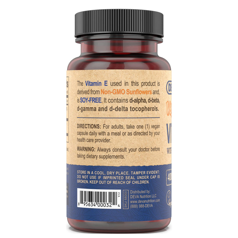 DEVA Vegan Natural Source Vitamin E 400IU with Mixed tocopherols, Soy-Free – 90 Veg Caps (Pack of 2) 90 Count (Pack of 2)