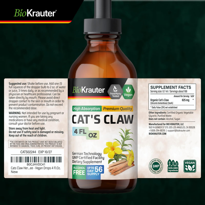 BIO KRAUTER® Сats Сlaw - Liquid Drops Pure Vegan Cats Claw Herb Supplement 625 mg per Serving 4 Fl.Oz 56-Day Supply - Used for Digestive & Immune Support, Natural Antioxidant - Alcohol & Sugar Free 4 Fl Oz (Pack of 1)