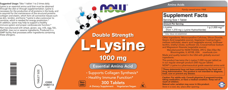 Now Foods L-Lysine 1000mg - Double Strength - 300 Tablets - Non-GMO Amino Acid Supplement (Llysine Hydrochloride)- 1000 mg Tabs - Vegan/Vegetarian 300 Count (Pack of 1) - BeesActive Australia
