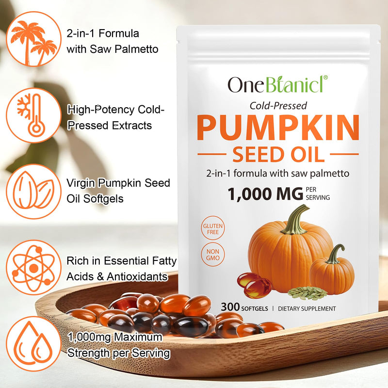 300PCS Pumpkin Seed Oil Capsules,Pumpkin Seed Extract | 2 in 1 Pumpkin Seed Oil with Saw Palmetto for Hair Growth, Cold Pressed, Support Prostate, Heart, Skin Supplement | Non-GMO | Gluten Free