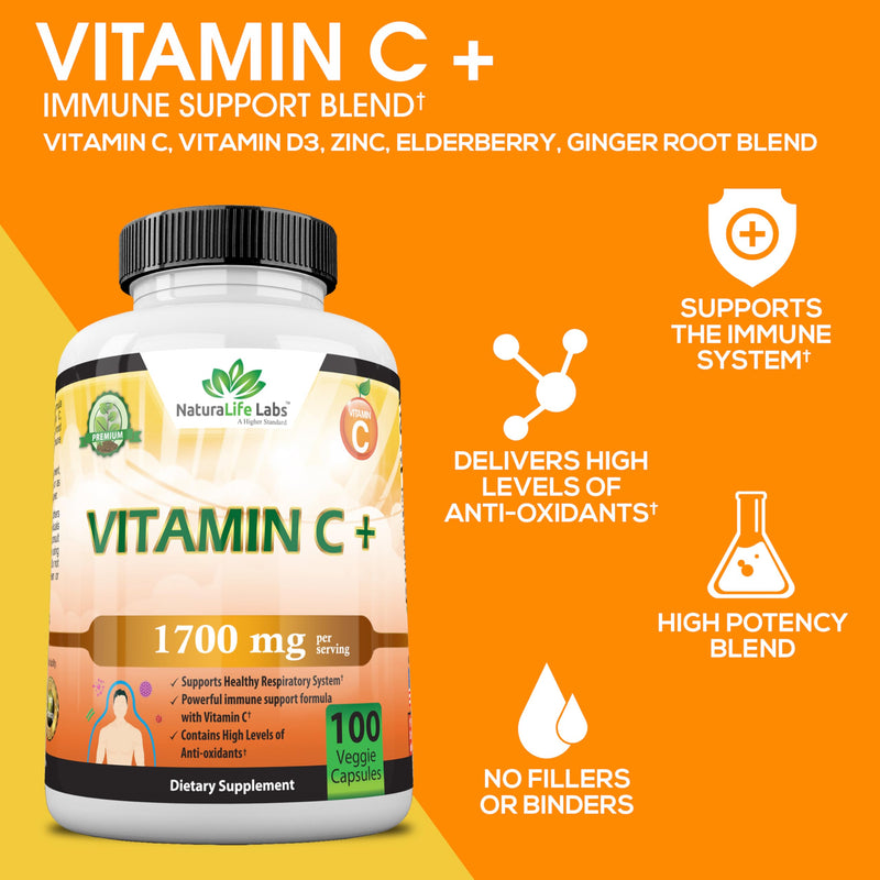 Vitamin C 1,700 MG with Vitamin D3, Zinc, Elderberry, Ginger root - Maximum Strength Multi System Immune Support- 100 veggie Capsules - BeesActive Australia