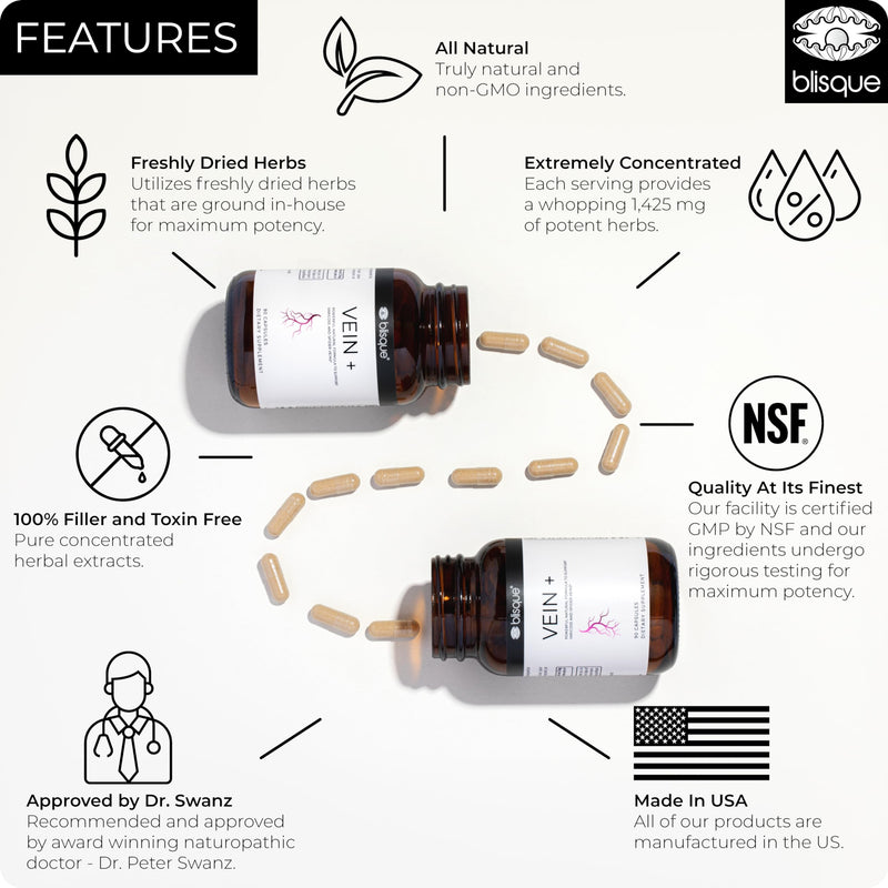 Blisque - Natural Leg Vein Support Supplement for Varicose and Spider Veins | Boosts Oxygen, Enhances Blood Flow and Circulation for Legs | Doctor-Approved | with Horse Chestnut | 90 Capsules - BeesActive Australia
