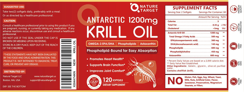 NATURE TARGET Krill Oil 1200mg with Omega-3 EPA & DHA with Astaxanthin, Phospholipids & Choline - Supports Heart, Brain, Join Health, Non-GMO, Gluten Free, 120 Softgels (60 Servings) 120 Count (Pack of 1)