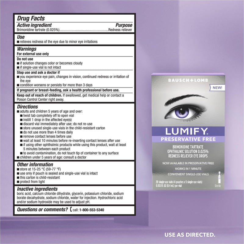 LUMIFY Preservative Free Eye Drops for Red Eyes, Redness Reliever for Sensitive Eye, Brighter and Whiter Looking Eyes, Works in 1 Minute & Lasts Up to 8 Hours, 20 Single-Use Vials - BeesActive Australia