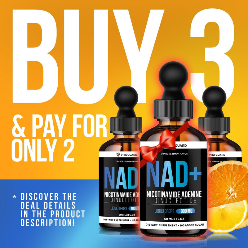 Vita Guard Pure NAD+ Liquid Drops 1000mg | Nicotinamide Adenine Formula | Vegan, Non-GMO | Natural Lemon & Orange Flavor | Dietary Supplement for Women & Men