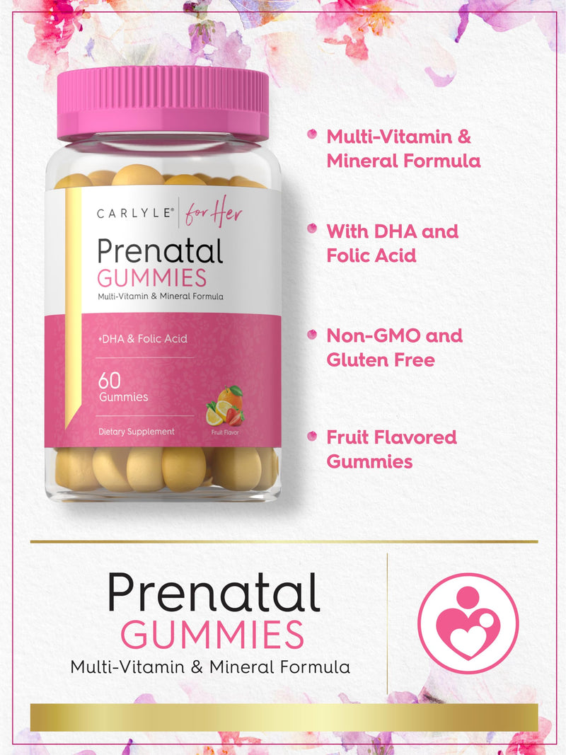 Carlyle Prenatal Gummy with DHA & Folic Acid | 60 Gummies | Women's Multivitamin and Mineral Supplement | Fruit Flavor | Non-GMO, Gluten Free | For Her
