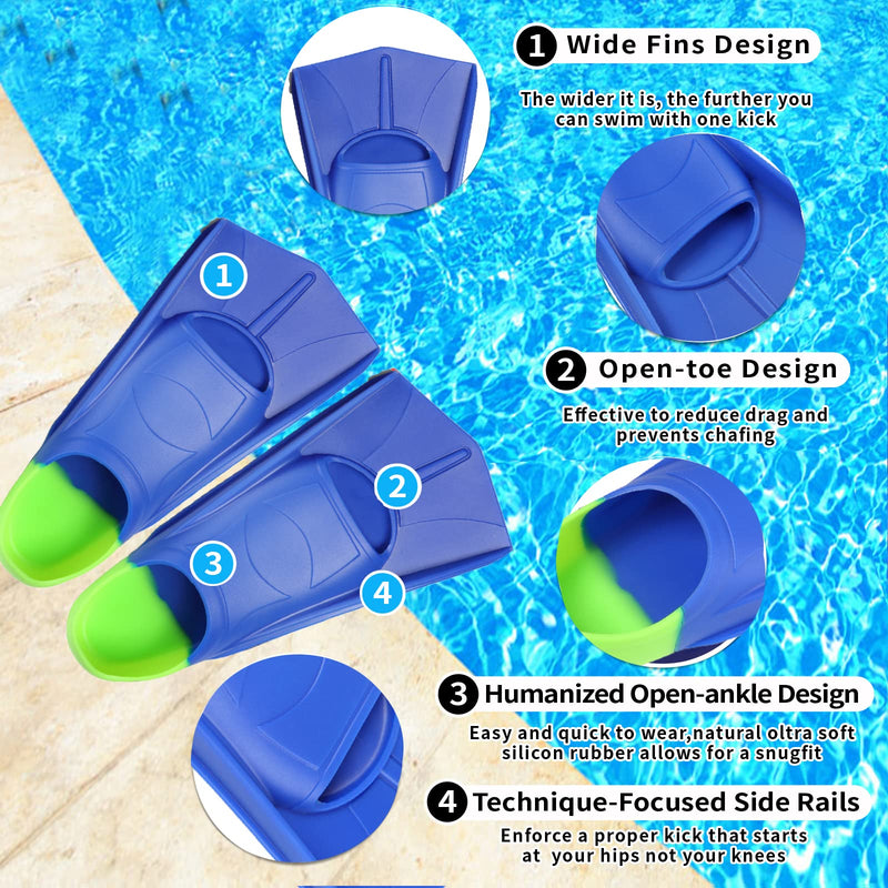Kids Swim Fins,Short Comfortable Flippers for Lap Swimming and Training for Child,Girls,Boys,Beginners Blue&Acid Lime XS(US Kids 13.5-1.5)