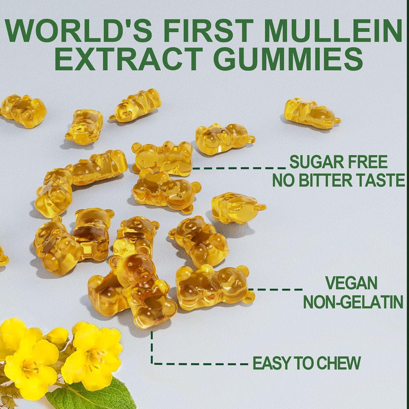 NEVISS Mullein Gummies for Lungs, Organic Mullein Leaf Extract 1000mg for Respiratory System with Quercetin & Bromelain, D3 for Digestive Support, Immune Booster, Sugar Free, Vegan, 120 Count 60 Count (Pack of 2)
