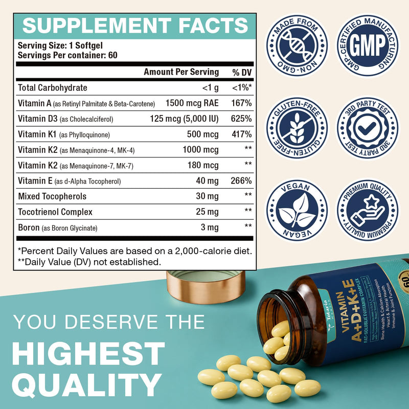 Totaria Advanced Vitamin D3 5,000 iu + A + K + E Softgel Supplement, ADKE Vitamin Supplement with Boron - Full Spectrum Vitamin E (Tocopherols & Tocotrienols) for Mood, Immune, Bone, Vision, Heart