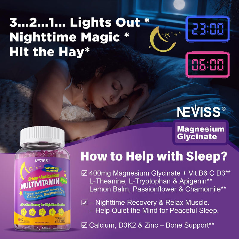 NEVISS Multivitamin for Women Gummies with Magnesium Glycinate 400mg, Hydrolyzed Collagen Gummy for Night Renewal/Sleep, Calcium D3K2, Antioxidant, Relax, Bone, Womens 18 30 40 50 60 70+ Daily Vitamin