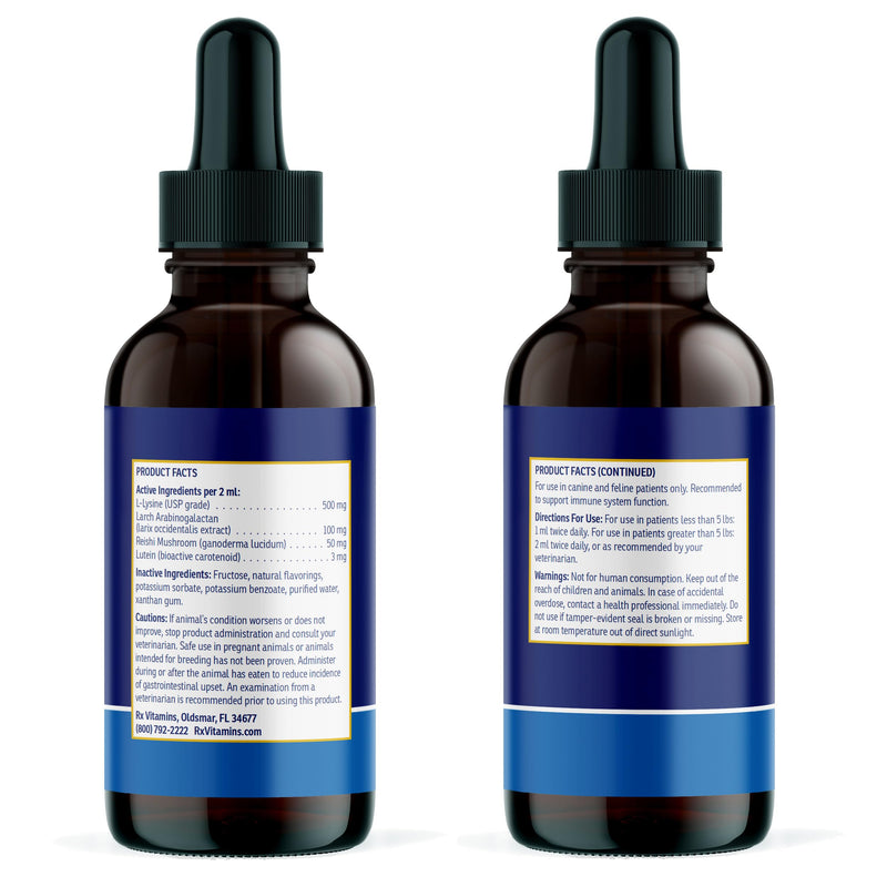 Rx Vitamins Liquid Immuno - with L-Lysine for Cats and Dog Health - Reishi Mushroom Supplement for Dogs & Cat Immune Support - Vitamins for Dogs and Dog Eye Supplements with Lutein - Chicken (2oz) New Label