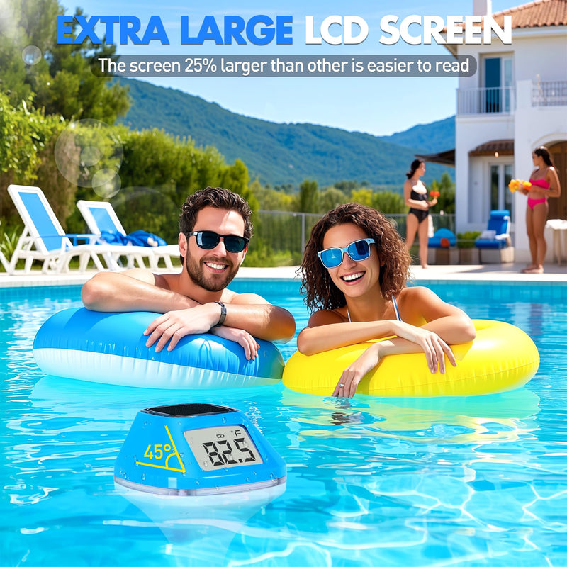 DeeprBlu 2026 New Iteration Solar Digital Pool Thermometer with Rope, Easy Read Extra Large Backilt LCD Display Floating Pool Thermometer, IP68 Waterproof Pools Water Temperature Gauge for Hot tub,Spa Light Blue