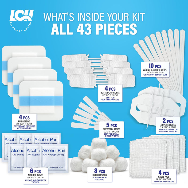43 Pcs Wound Closure Strips Kit - Butterfly Bandages, 4 Types - Zip Suture Bandages, Gauze Pads, PU Dressings, Alcohol & Cotton Swabs - Emergency Wound Closure Kit for Cuts, Lacerations & Abrasions