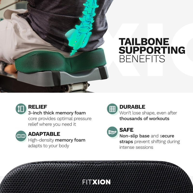 Rowing Machine Seat Cushion – Ergonomic Tail Bone Comfort Memory Foam Pad for Concept 2, Water Rower, Peloton or Recumbent Bike. Anti-Slip Base, Buckled Straps for Indoor Rowing Workouts