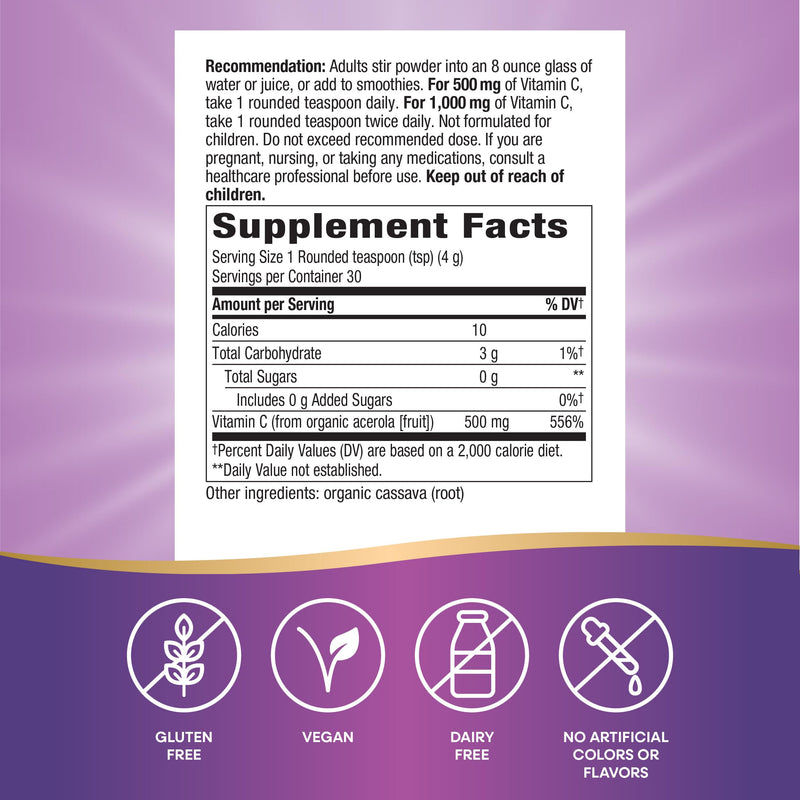 Nature's Way Alive! Vitamin C Powder Drink Mix, Immune Support*, 4.23 Oz | Antioxidant Support & Promotes Collagen Production for Healthy Skin*, Organic, 100% from Acerola Cherry, Zero Sugar, Vegan
