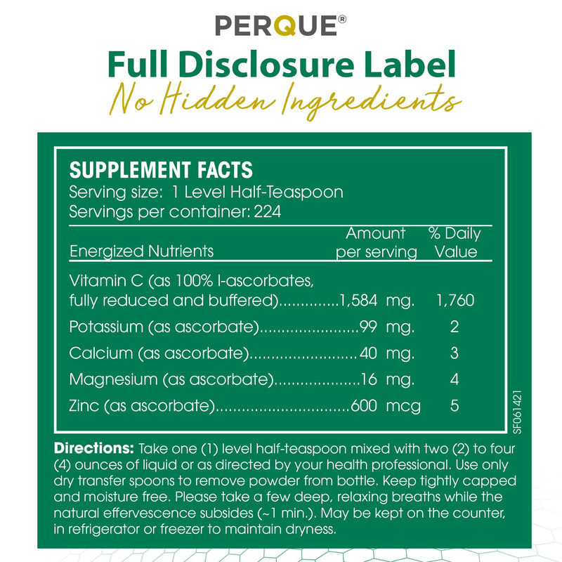 PERQUE Buffered Vitamin C Ascorbate Powder - pH Balanced, Vegetarian, Allergen-Free Vitamin C Supplement - Fast-Acting Antioxidant Support -Effervescent Powder with Magnesium, Potassium & Zinc - 16 oz