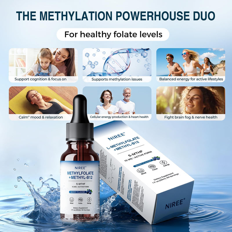 Niree 15mg L-Methylfolate with Methyl-B12 Liquid Supplement, Supports Improved Focus, Balanced Mood, Cognition Clarity, Better Sleep & Immune Health, Organic Berry Flavor