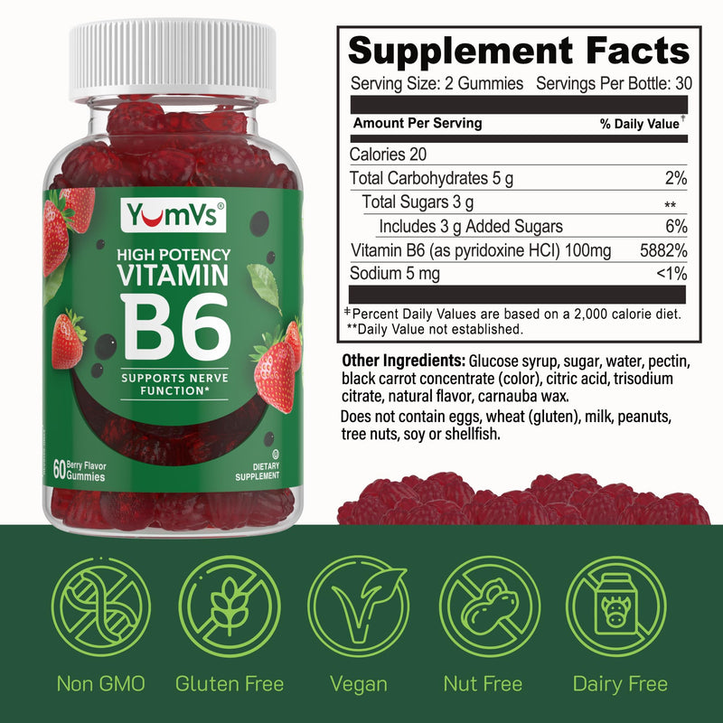 YUM-V'S Vitamin B6 Gummies - High Potency Vitamin B6 100mg - Strawberry Flavor B6 Vitamins Gummies - Nerve & Immune Function, Non GMO Kosher, 60 Count - 2 Pack
