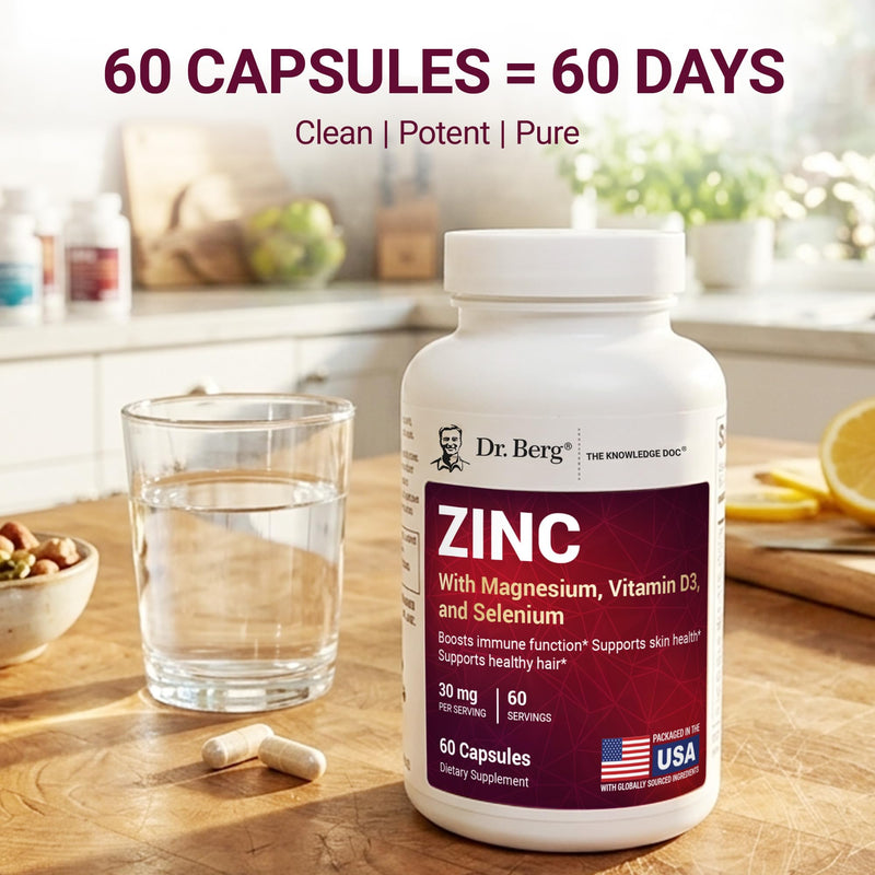 Dr. Berg Zinc 30 mg (60 Capsules) – High Potency 7-in-1 Immune Support Formula – Chelated Zinc with Vitamin D & Selenium for Healthy Skin, Hair & Daily Wellness – No Fillers, 4X Tested* 60 Count (Pack of 1)