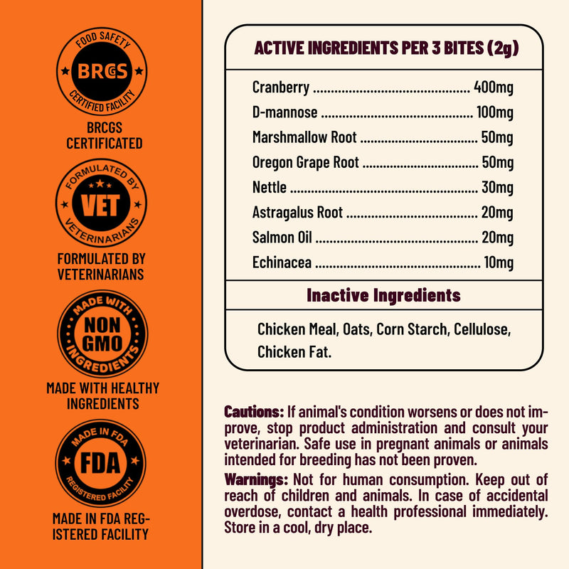 220g Cat Urinary Tract Health Supplement with 20% Cranberry, D Mannose, Marshmallow Root & Salmon Oil - Urinary Tract & Bladder Control - Vet-Recommended Crunchy Chews - Chicken Flavor