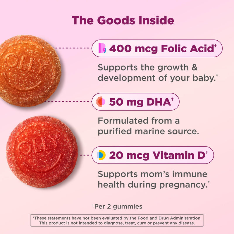 OLLY Prenatal Multivitamin Gummy, Daily Blend for Mommy & Baby - 60 Count 60 Count (Pack of 1)