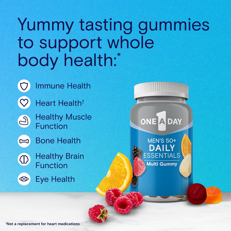 One A Day Men’s 50+ Daily Essentials Multivitamin Gummies, Multivitamin for Men Over 50, Fruit Medley Flavor, 120 Gummies 120 Count (Pack of 1) New Gummies