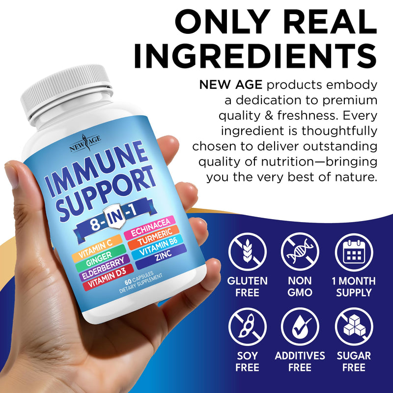 8 in 1 Immune Support Booster Supplement with Echinacea, Vitamin C and Zinc 50mg, Vitamin D 5000 IU, Turmeric Curcumin & Ginger, B6, Elderberry (8 in 1 Capsules (Pack of 3)) 180 Capsules (Pack of 3)