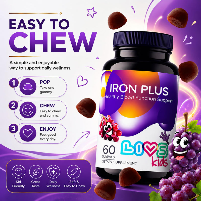 LIVS Iron Supplement for Kids with Vitamin C, A, B3, B5, B6, B12, Biotin, Zinc & Folate | Non-GMO, Gluten Free Chewable Supplement as Gummy for Energy Boost & Anemia Support - 60 Count Kids - Iron Plus 60 Count (Pack of 1)
