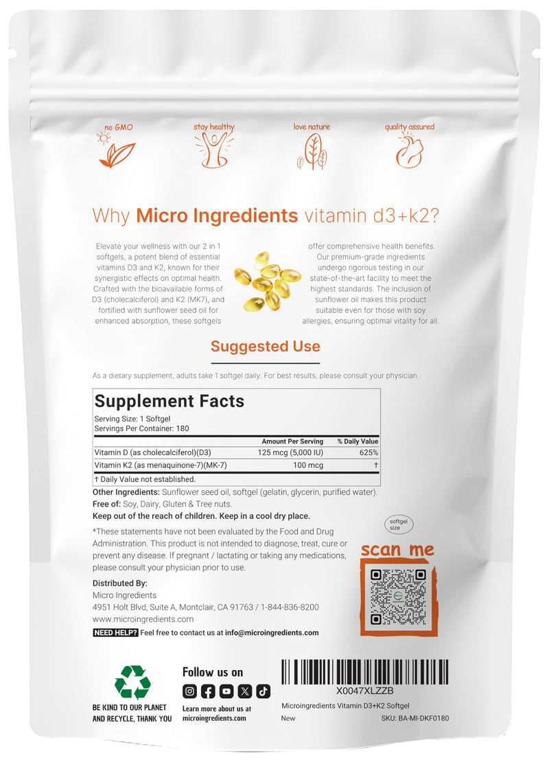 Micro Ingredients Vitamin D3 5,000 IU + K2 MK-7 100 mcg, 180 Softgels | 2-in-1 Formula | Easy to Swallow, Non-GMO 180 Count (Pack of 1)