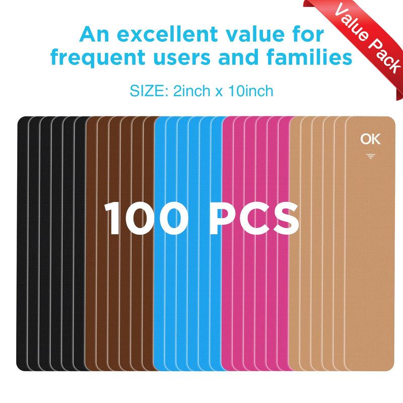 OK TAPE 100Pcs Precut Kinesiology Tape Strips, Elastic Athletic Tape for Joints Support & Muscle Pain Relief, Waterproof, Kinetic Tape for Shoulder, Knee, Ankle (5 Colors, 2 inch x 10 inch) Mixed 100 Pcs