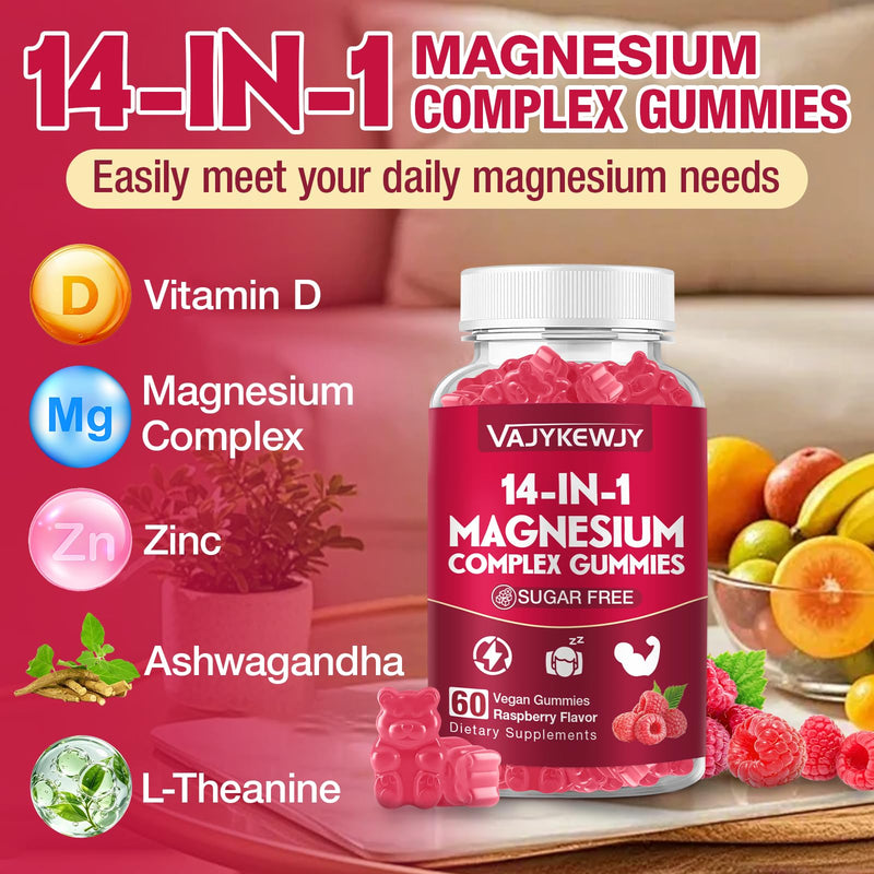 2 Pack Magnesium Complex Gummies – 14-in-1 Formula with Ashwagandha, L-Theanine, Vitamin D3 & Zinc, Vegan Raspberry Flavor, 120 Gummies
