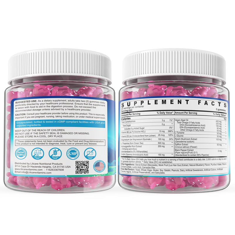 L Theanine Calm Gummies 500mg + Saffron + Magnesium Glycinate + GABA,120Cts | Sugar-Free Liposomal L-Theanine Supplement, w/Ashwagandha, Algae Omega-3, Vitamin D3 B12, for Brain Calm, Relax, Mood, Zzz 60 Count (Pack of 2)