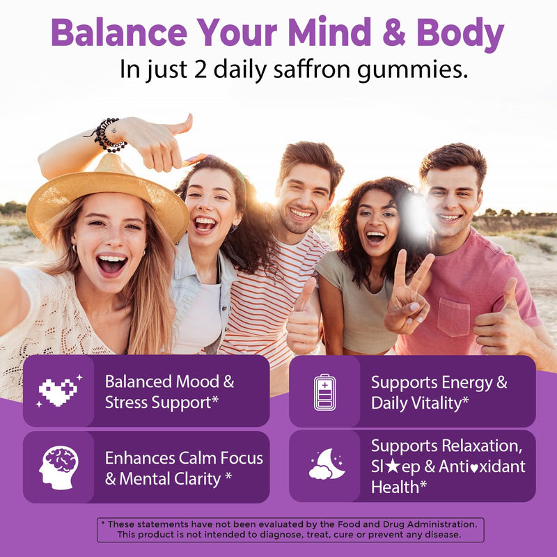 Saffron Supplements Gummies for Adults Kids, 88.5mg Saffron Extract, 2 Pack | Saffron Extract with Magnesium, Ashwagandha, L-Theanine, Rhodiola, Rosemary, B6, B12 for Happy Mood, Calm, Focus, Cognition Strawberry 60 Count (Pack of 2)