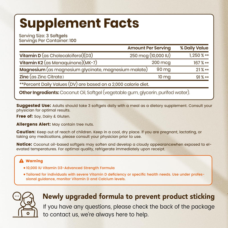 VEV Corefeel Vitamin D3 K2 10,000 IU Magnesium Supplement, 300 Softgels | Vitamin K2 as MK-7, Coconut Oil, Magnesium Glycinate & Malate, Zinc Citrate 300 Count (Pack of 1)