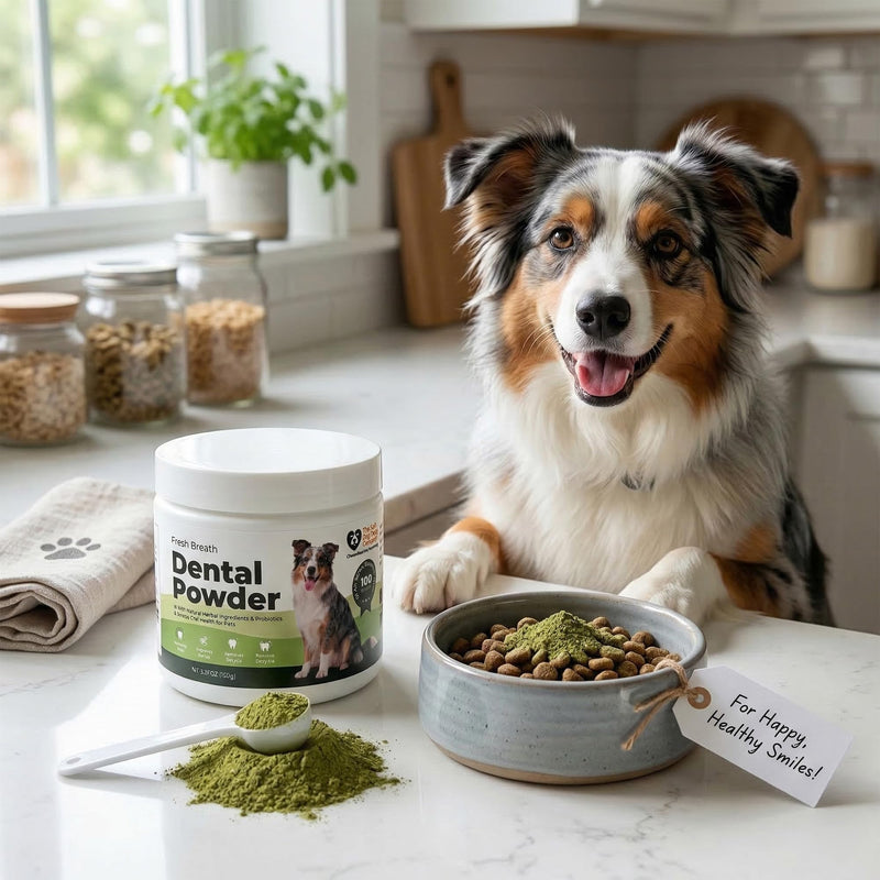 Dental Powder for Dogs & Cats – Freshens Breath, Reduces Plaque, Prevents Tartar – with Natural Herbal Ingredients & Prebiotics – Boosts Oral Health for Pets – 150g (5.29oz)