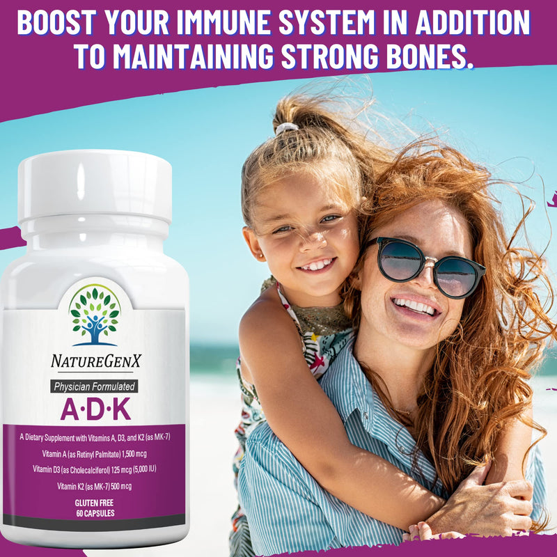 ADK Vitamin Supplement 5000 IU - High Potency Vitamins A, D3, and K2 for Bone Health and Calcium Absorption | Gluten-Free Vitamin ADK Supplement, 60 Day Supply, 60 Capsules 60 Count (Pack of 1) - BeesActive Australia
