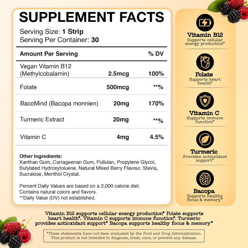 Multivitamin Dissolvable Oral Supplement Strips Egan, Sugar Free, High Absorption, Gluten Free, Individually Wrapped, 30 Count