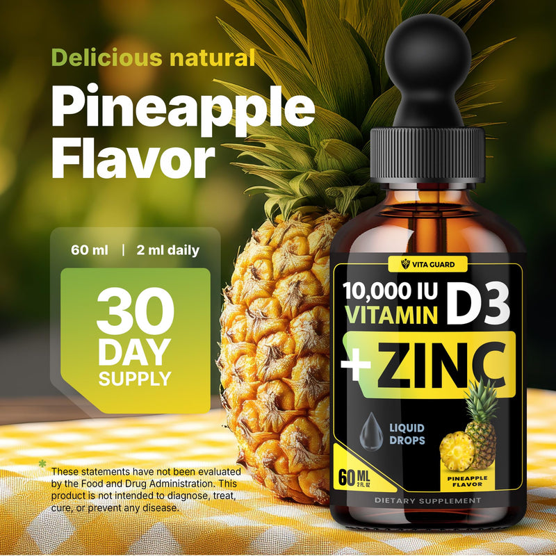 Vita Guard Vitamin D3 Drops with Zinc – 10,000 IU D3 & 15 mg Zinc Liquid Supplement – Immune Support for Men & Women – Sugar-Free Pineapple Flavor – 30-Day Supply
