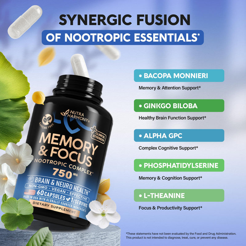 Brain Supplement for Memory & Focus 750 mg - Magnesium | L-Theanine | Bacopa Monnieri | Ginkgo Biloba | Lions Mane - 12in1 Nootropic Complex for Neuro Health - Caffeine-free - Made in USA, 60 Capsules - BeesActive Australia